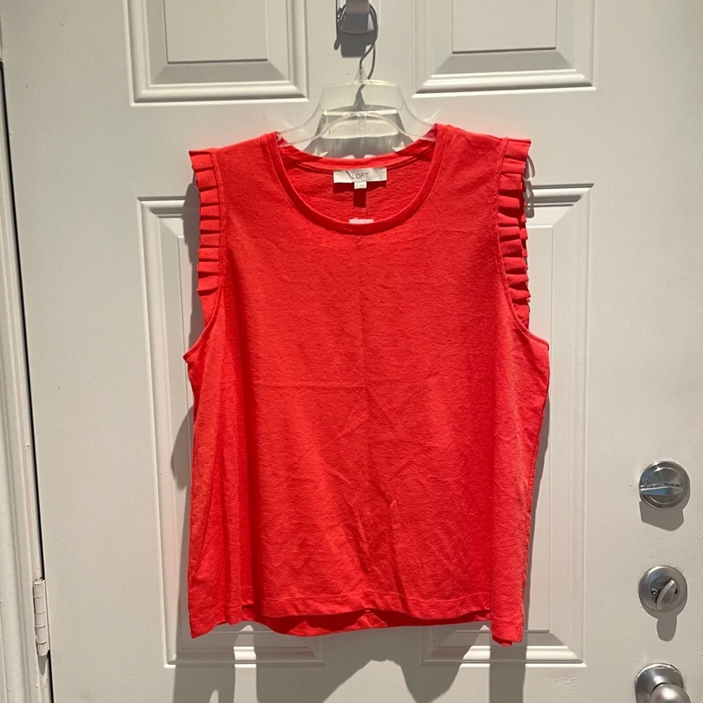 LOFT Coral Red Orange Solid Ruffle Trim Crew Neck Sleeveless Top Size XL - NEW - Picture 5 of 8